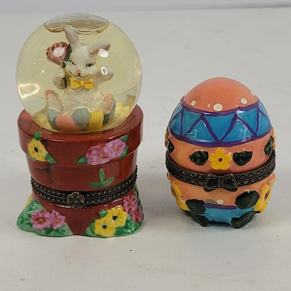Easter Bunny Snow Globe and Floral Egg Hinged Trinket Boxes Set of 2